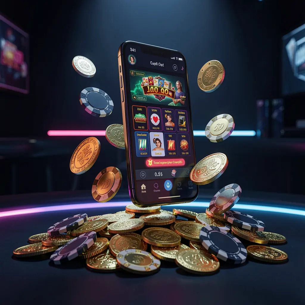 RM6666 online casino app promotion banner showing a phone floating above golden coins and poker chips with a dark blue and black background and cinematic neon glow in a realistic 3D render