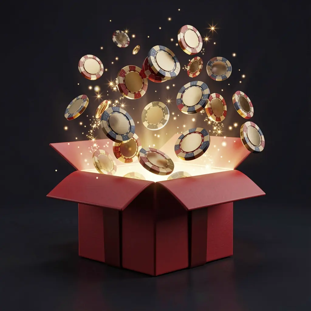 Realistic 3D render of a glowing gift box with free casino chips bursting out, surrounded by magical sparkles on a dark premium background, representing RM6666 no deposit bonus
