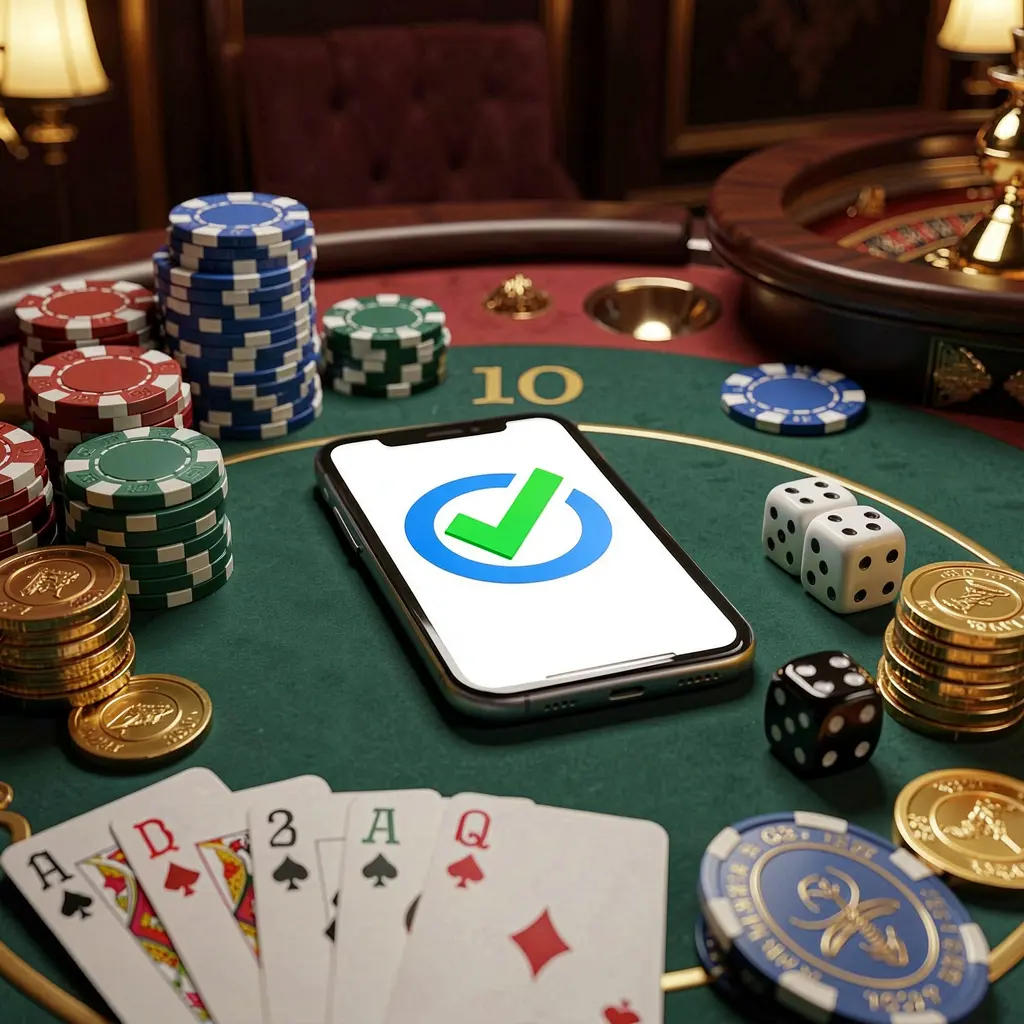 RM6666 safe casino login concept showing a smartphone with a verification checkmark icon surrounded by chips, cards, dice, and golden coins on an elegant luxury casino table in a 3D realistic render
