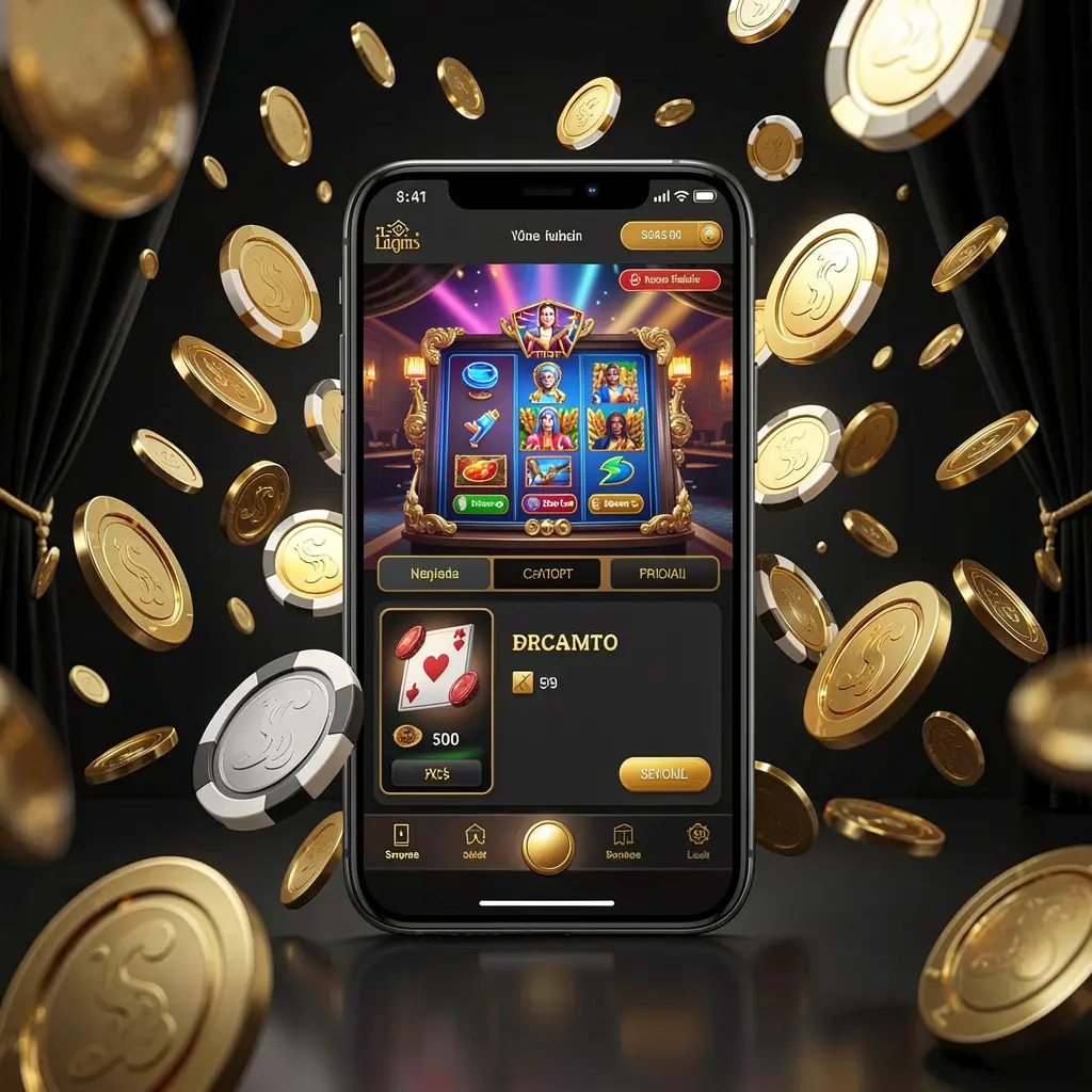 RM6666 modern online casino main page visual with smartphone displaying glowing gaming interface, coins and chips flying around in a black and gold luxury atmosphere